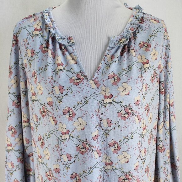 Melloday Womens Top Size L Blue Pink Ivory Floral Long Sleeve V Neck Pullover - Picture 2 of 7